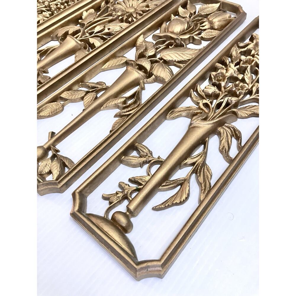 Vintage Gold Floral Wall Hanging Panels Set Of 4 Regency MCM Art- 17 In -Burwood - Picture 4 of 6